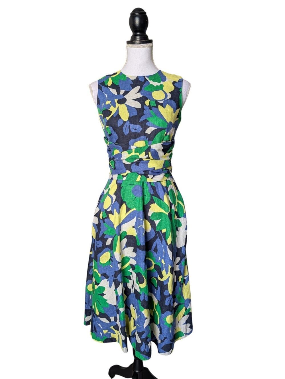 Hobbs London Twitchill 100% Linen Floral Knee Length Dress Size 4 Green Blue